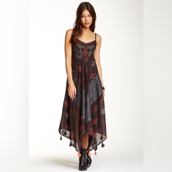 NWT Free People Crossing Paths Embroidered Midi Dress Tassels Handkerchief Hem - Picture 1 of 8